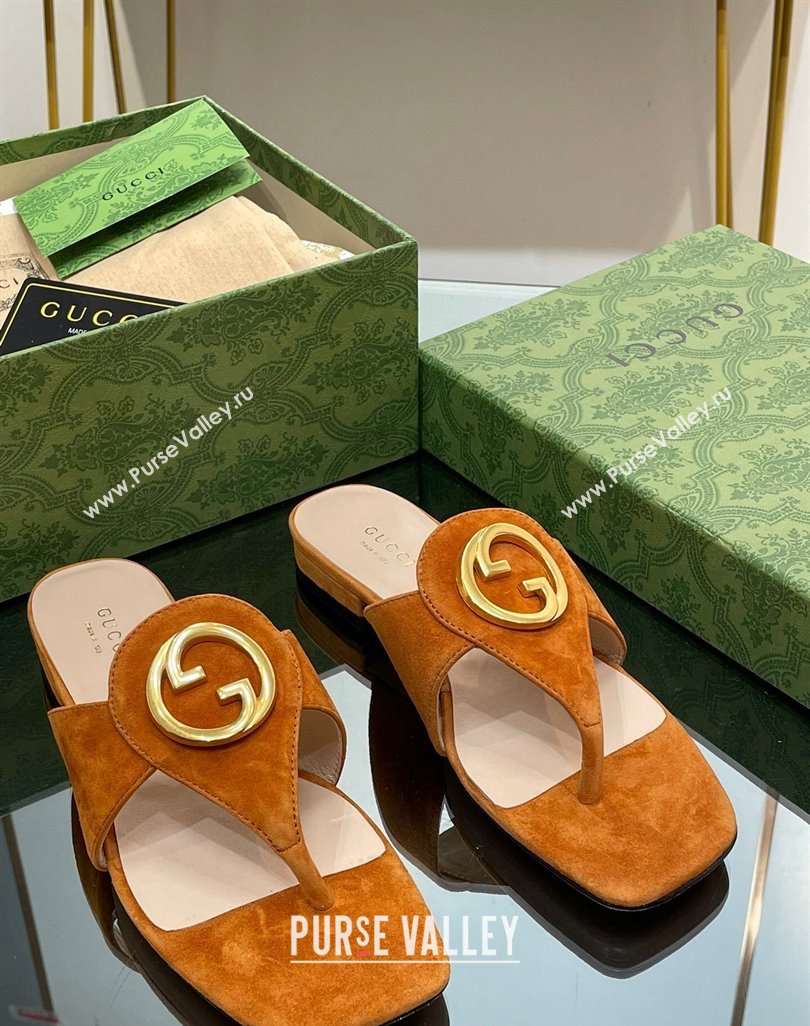 Gucci Blondie Flat Slide Thong Sandals in Suede with Interlocking G Camel Brown 2024 (MD-240427041)