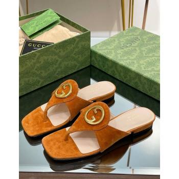 Gucci Blondie Flat Slide Thong Sandals in Suede with Interlocking G Camel Brown 2024 (MD-240427041)
