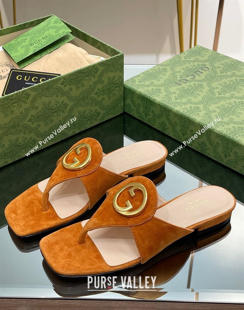 Gucci Blondie Flat Slide Thong Sandals in Suede with Interlocking G Camel Brown 2024 (MD-240427041)