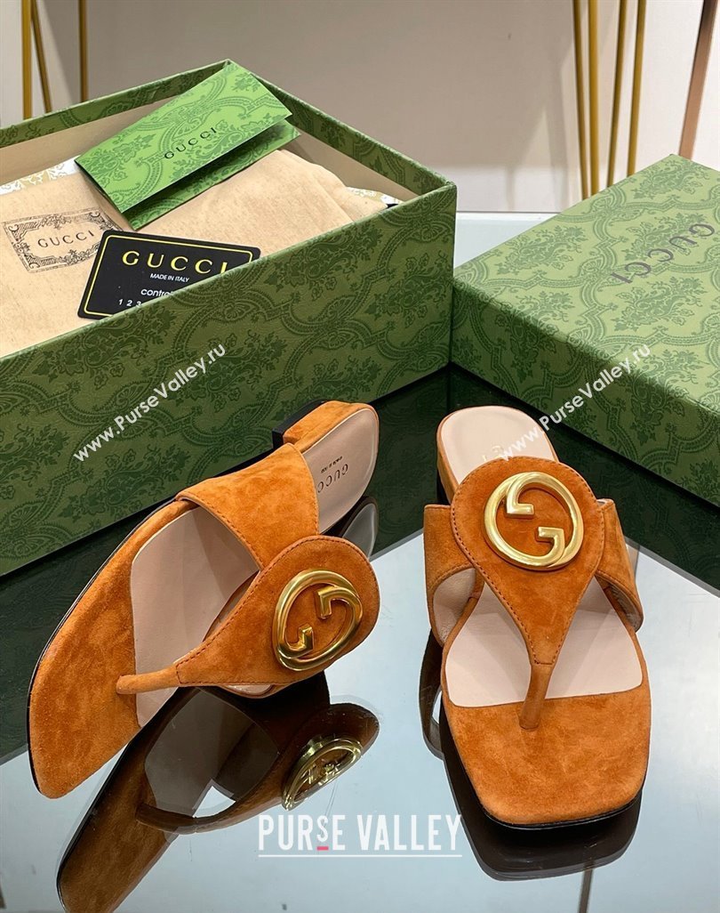 Gucci Blondie Flat Slide Thong Sandals in Suede with Interlocking G Camel Brown 2024 (MD-240427041)