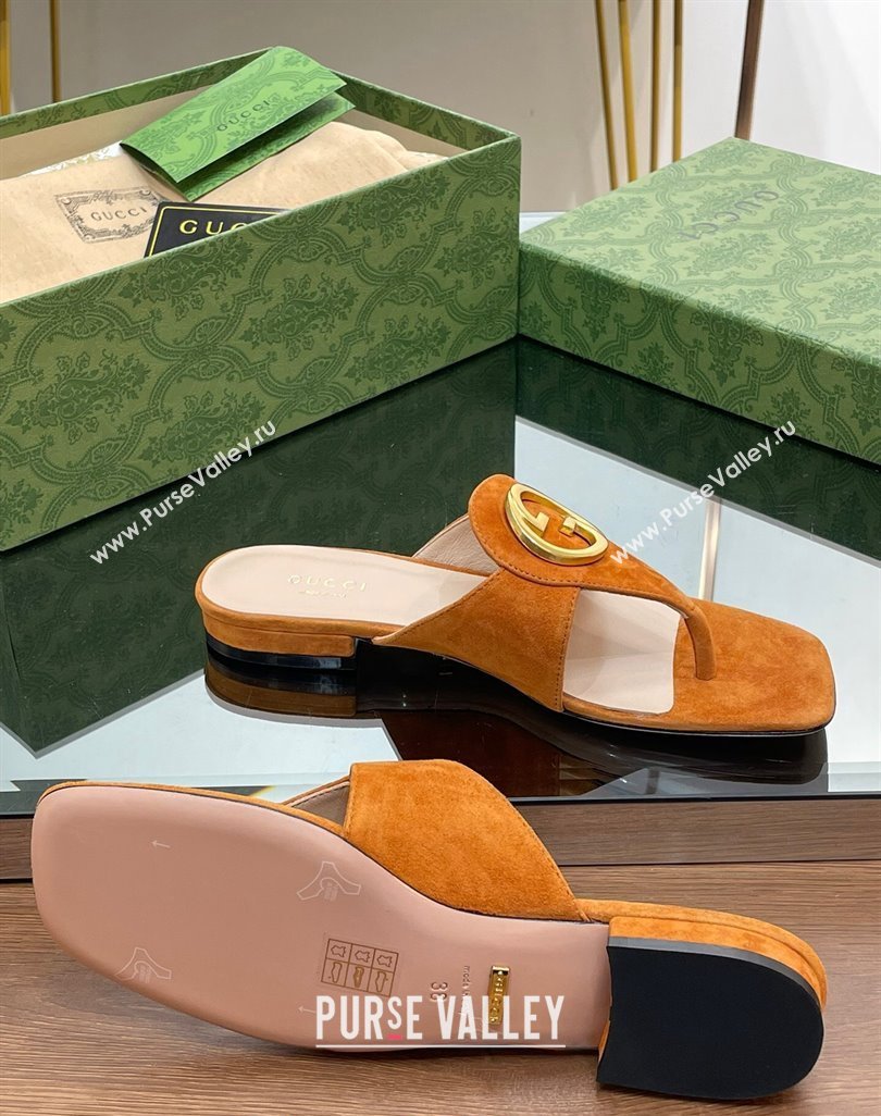 Gucci Blondie Flat Slide Thong Sandals in Suede with Interlocking G Camel Brown 2024 (MD-240427041)