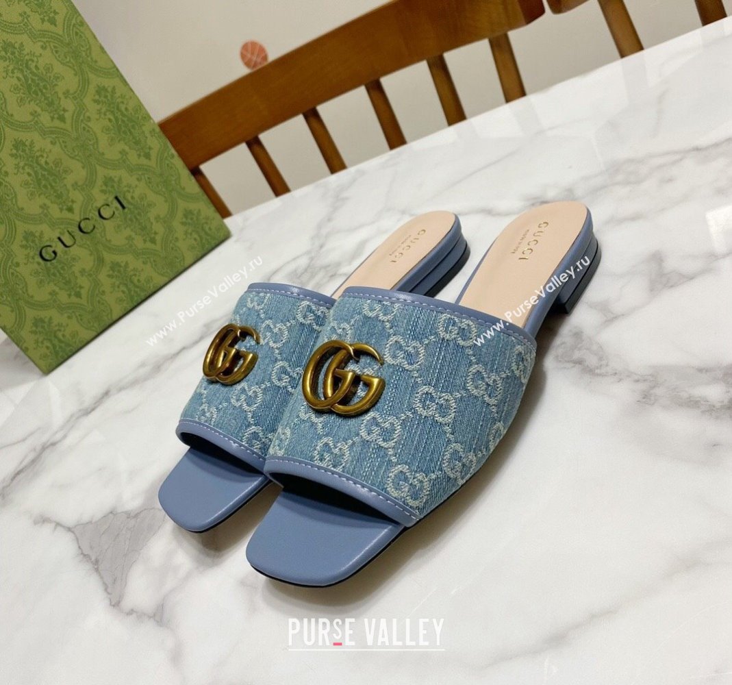 Gucci Denim Flat Slide Sandals with GG Blue 2024 0427 (MD-240427042)