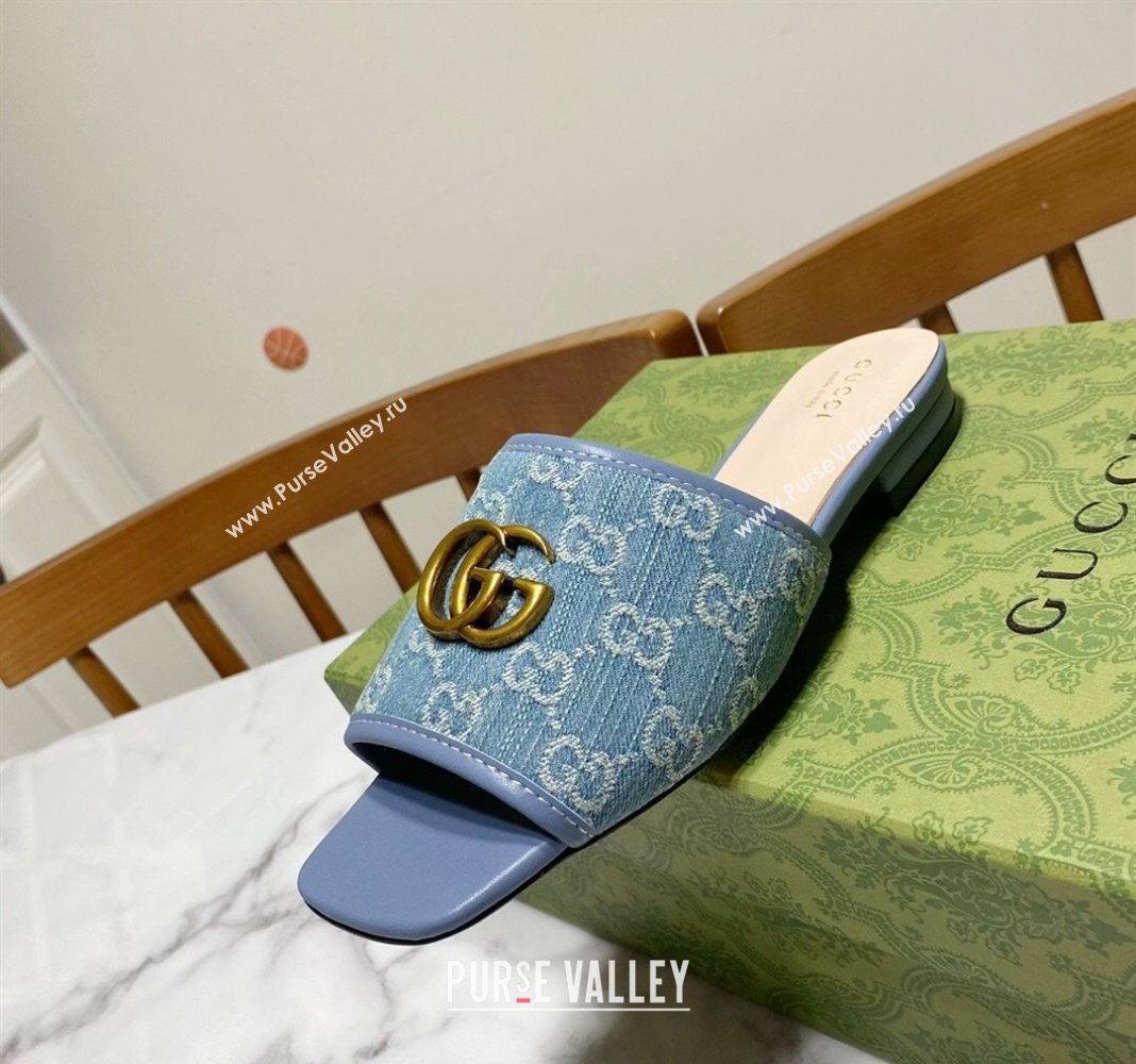 Gucci Denim Flat Slide Sandals with GG Blue 2024 0427 (MD-240427042)