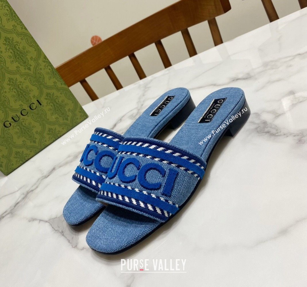 Gucci Denim Flat Slide Sandals with Gucci Script Blue2 2024 (MD-240427043)