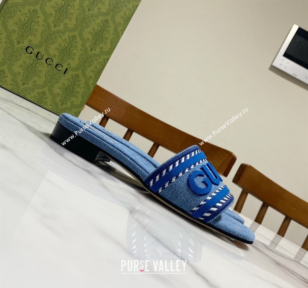 Gucci Denim Flat Slide Sandals with Gucci Script Blue2 2024 (MD-240427043)