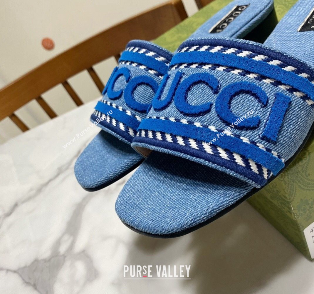 Gucci Denim Flat Slide Sandals with Gucci Script Blue2 2024 (MD-240427043)