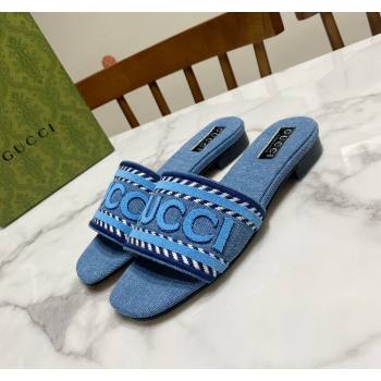 Gucci Denim Flat Slide Sandals with Gucci Script Light Blue 2024 (MD-240427044)
