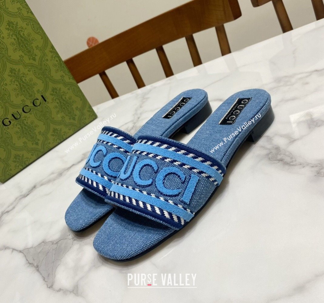 Gucci Denim Flat Slide Sandals with Gucci Script Light Blue 2024 (MD-240427044)