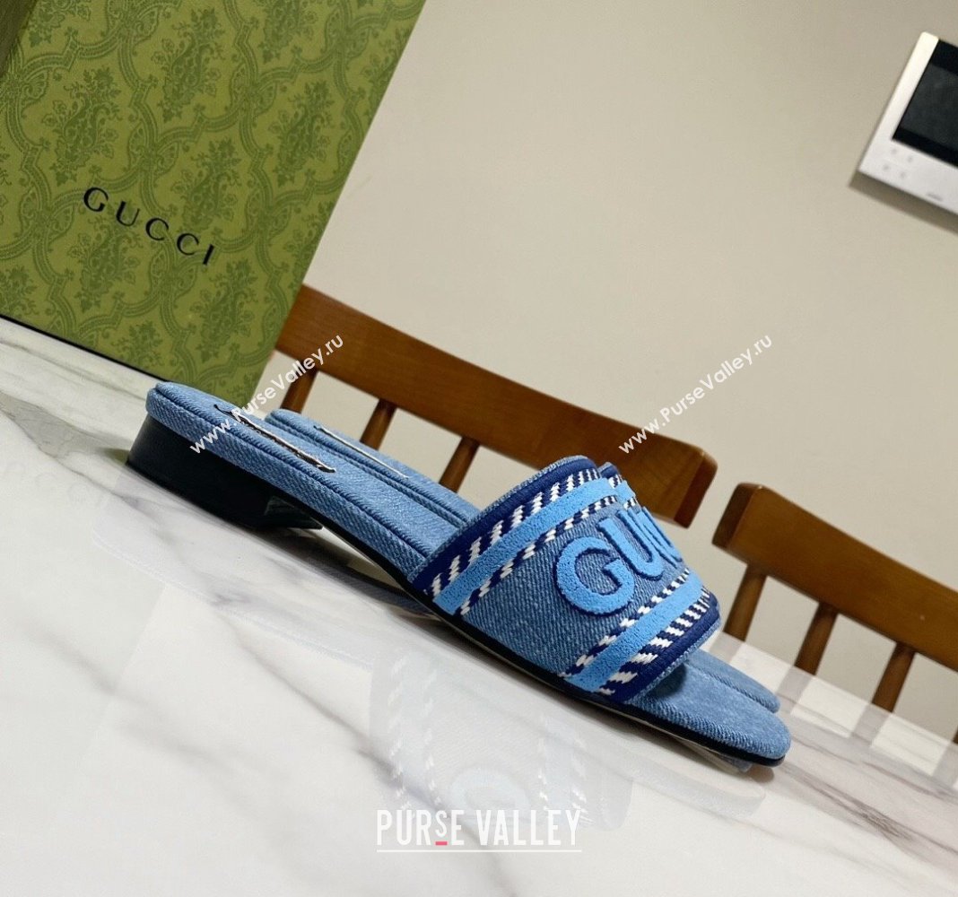 Gucci Denim Flat Slide Sandals with Gucci Script Light Blue 2024 (MD-240427044)