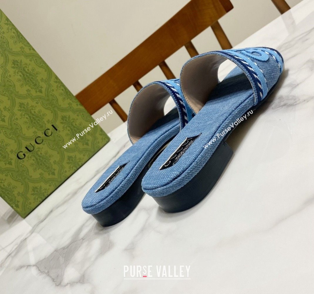 Gucci Denim Flat Slide Sandals with Gucci Script Light Blue 2024 (MD-240427044)