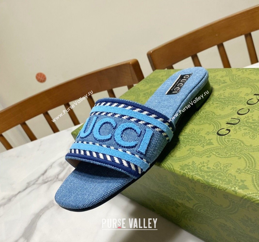 Gucci Denim Flat Slide Sandals with Gucci Script Light Blue 2024 (MD-240427044)