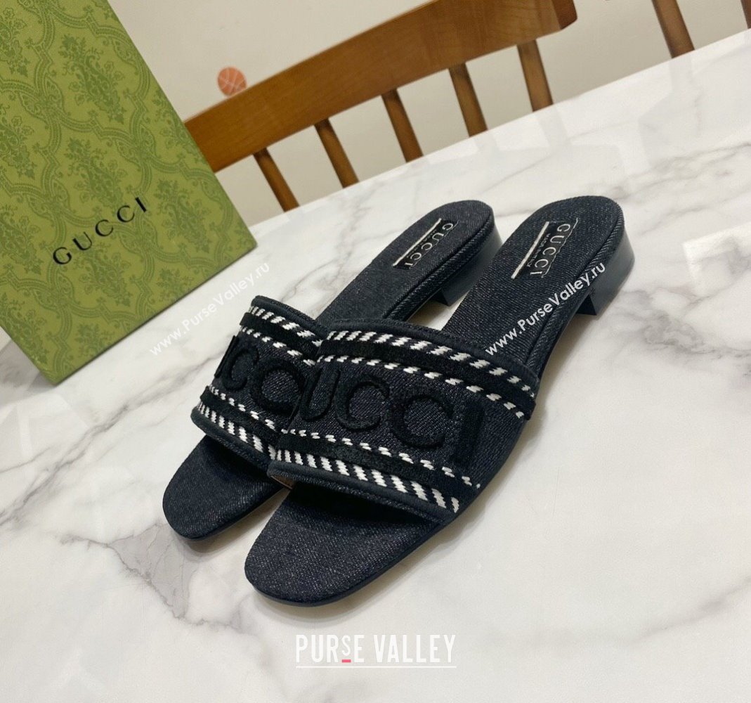 Gucci Denim Flat Slide Sandals with Gucci Script Black 2024 (MD-240427045)