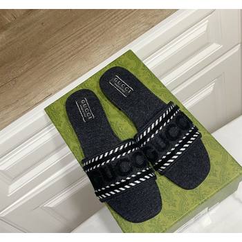 Gucci Denim Flat Slide Sandals with Gucci Script Black 2024 (MD-240427045)