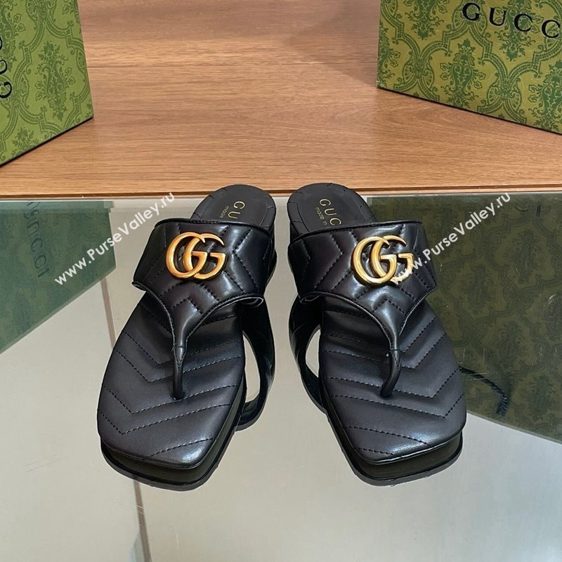 Gucci Double G Flat Thong Slide Sandals in Chevron Leather Black 2024 776995 (MD-240427053)