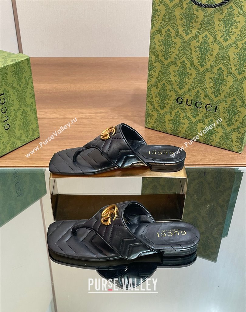 Gucci Double G Flat Thong Slide Sandals in Chevron Leather Black 2024 776995 (MD-240427053)
