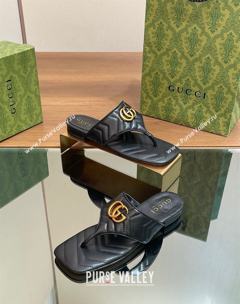 Gucci Double G Flat Thong Slide Sandals in Chevron Leather Black 2024 776995 (MD-240427053)