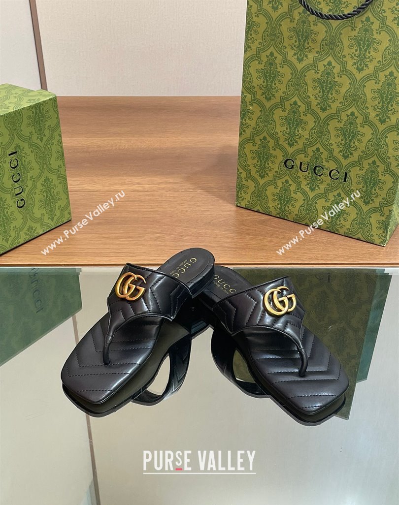 Gucci Double G Flat Thong Slide Sandals in Chevron Leather Black 2024 776995 (MD-240427053)