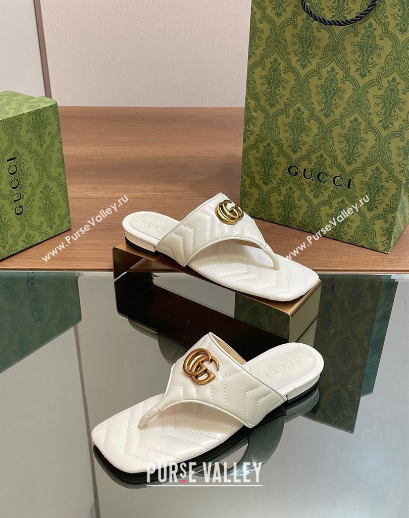 Gucci Double G Flat Thong Slide Sandals in Chevron Leather White 2024 776995 (MD-240427054)