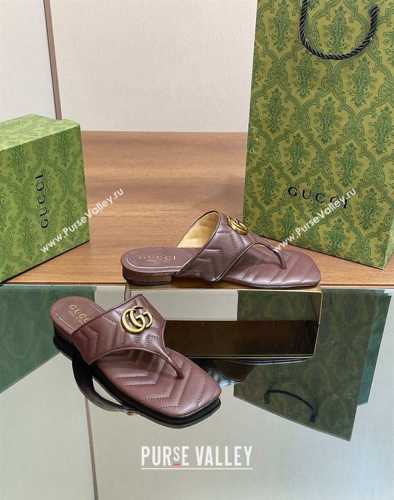 Gucci Double G Flat Thong Slide Sandals in Chevron Leather Dark Brown 2024 776995 (MD-240427058)