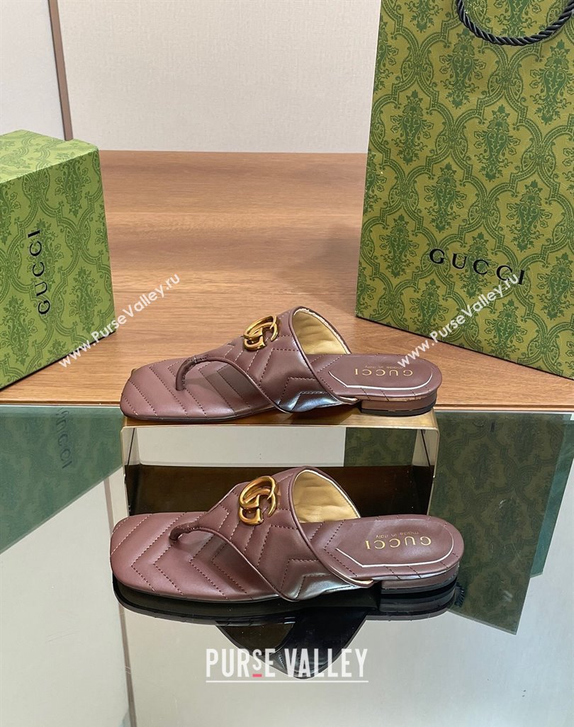 Gucci Double G Flat Thong Slide Sandals in Chevron Leather Dark Brown 2024 776995 (MD-240427058)