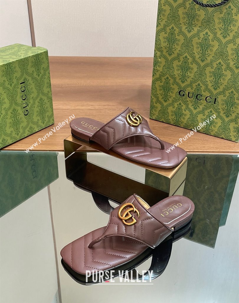 Gucci Double G Flat Thong Slide Sandals in Chevron Leather Dark Brown 2024 776995 (MD-240427058)