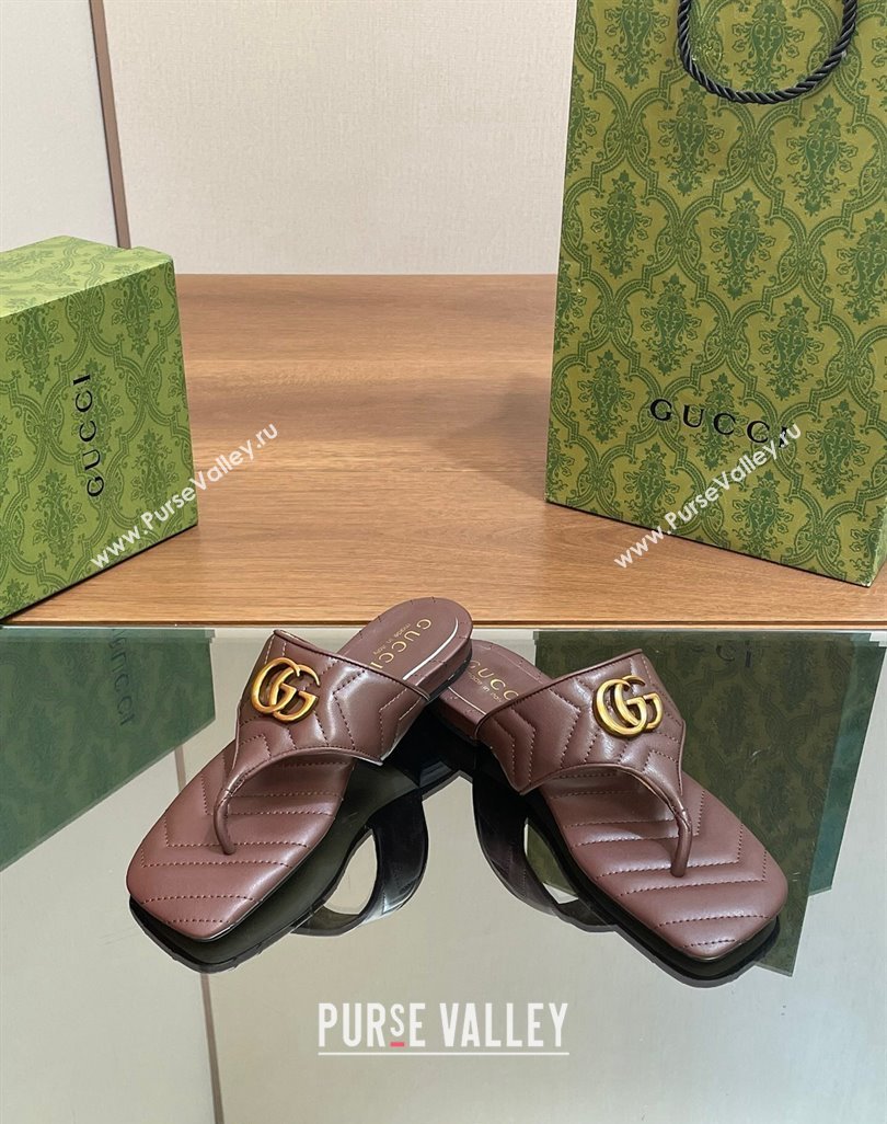 Gucci Double G Flat Thong Slide Sandals in Chevron Leather Dark Brown 2024 776995 (MD-240427058)