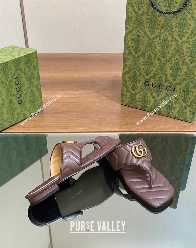 Gucci Double G Flat Thong Slide Sandals in Chevron Leather Dark Brown 2024 776995 (MD-240427058)