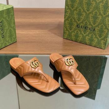 Gucci Double G Flat Thong Slide Sandals in Chevron Leather Tan Brown 2024 776995 (MD-240427059)