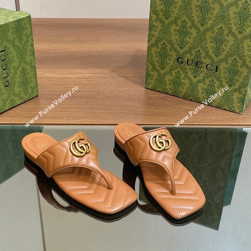 Gucci Double G Flat Thong Slide Sandals in Chevron Leather Tan Brown 2024 776995 (MD-240427059)