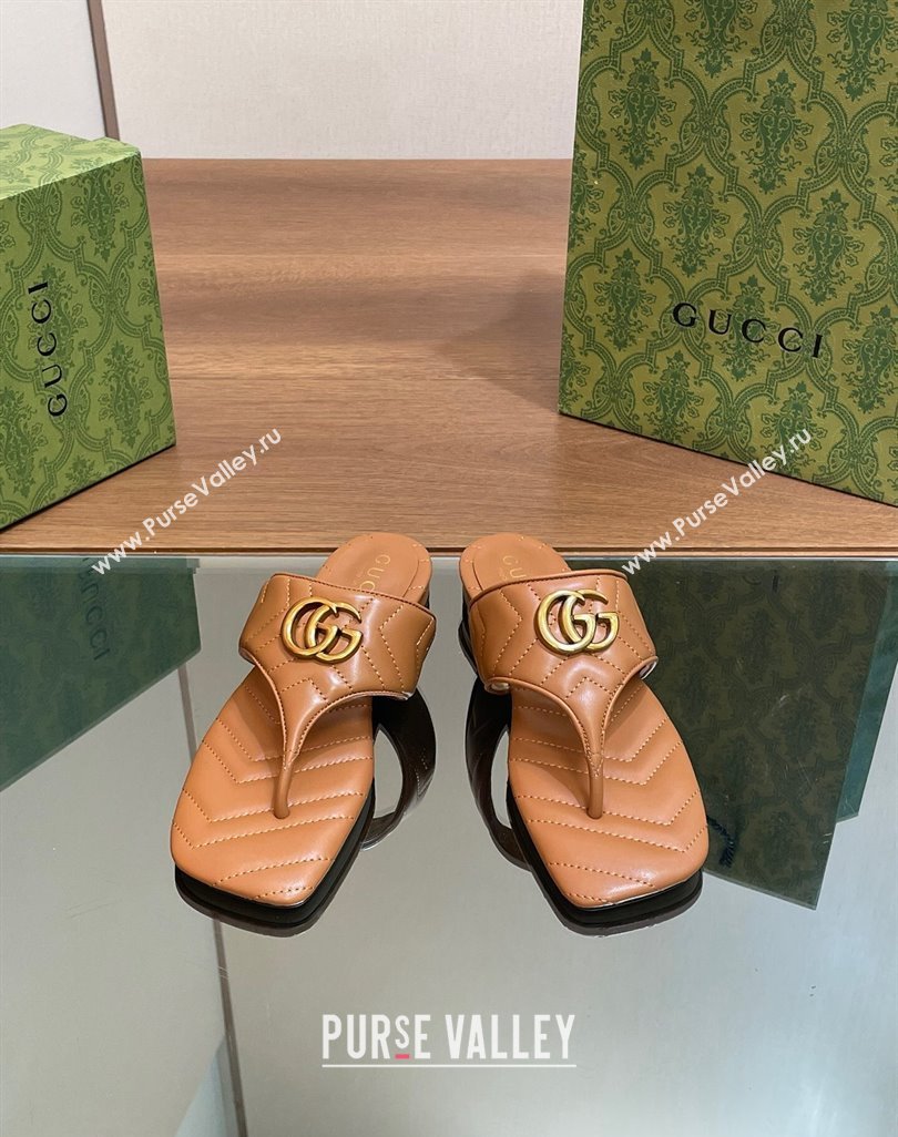 Gucci Double G Flat Thong Slide Sandals in Chevron Leather Tan Brown 2024 776995 (MD-240427059)