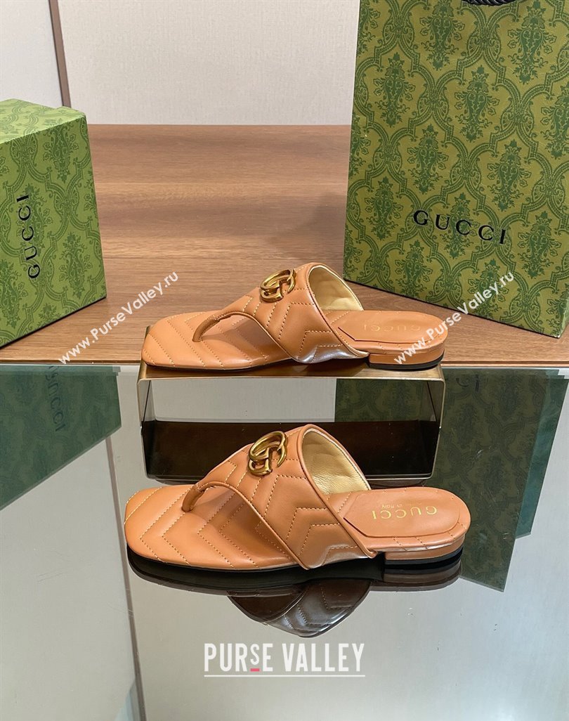 Gucci Double G Flat Thong Slide Sandals in Chevron Leather Tan Brown 2024 776995 (MD-240427059)