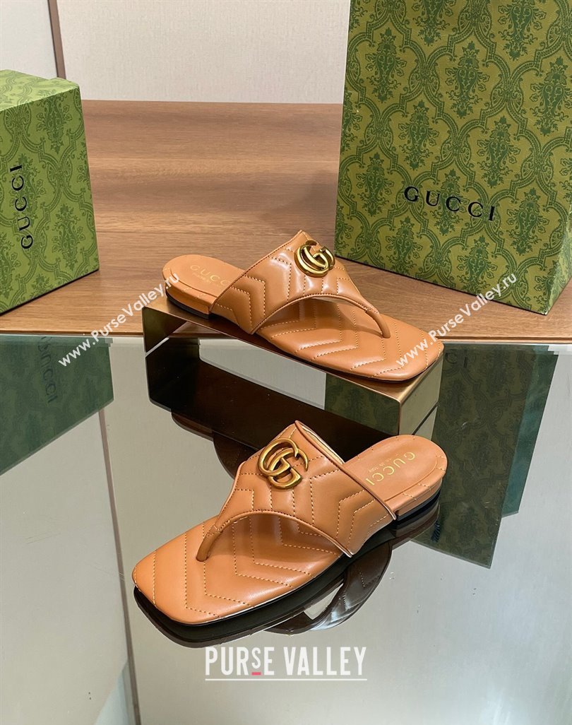 Gucci Double G Flat Thong Slide Sandals in Chevron Leather Tan Brown 2024 776995 (MD-240427059)