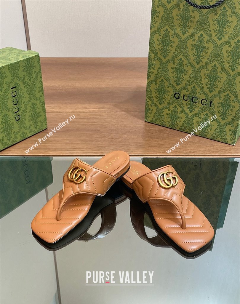 Gucci Double G Flat Thong Slide Sandals in Chevron Leather Tan Brown 2024 776995 (MD-240427059)