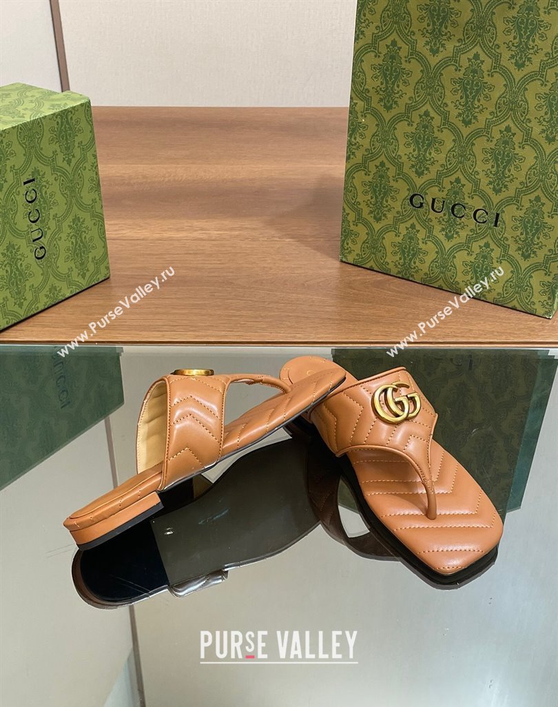 Gucci Double G Flat Thong Slide Sandals in Chevron Leather Tan Brown 2024 776995 (MD-240427059)