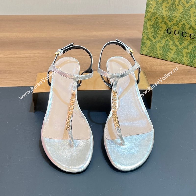 Gucci Signoria Leather Flat Thong Sandals Silver 2024 0427 (MD-240427060)