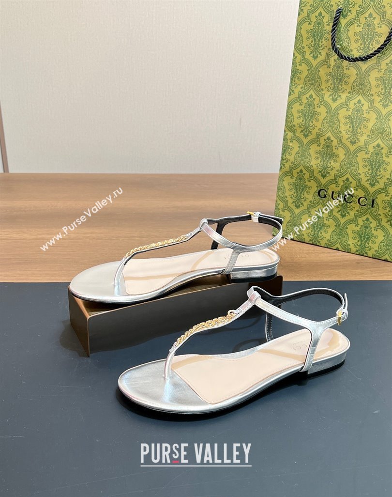 Gucci Signoria Leather Flat Thong Sandals Silver 2024 0427 (MD-240427060)