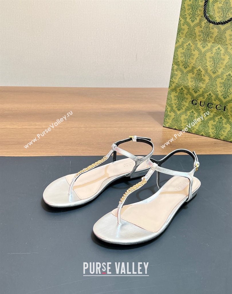Gucci Signoria Leather Flat Thong Sandals Silver 2024 0427 (MD-240427060)