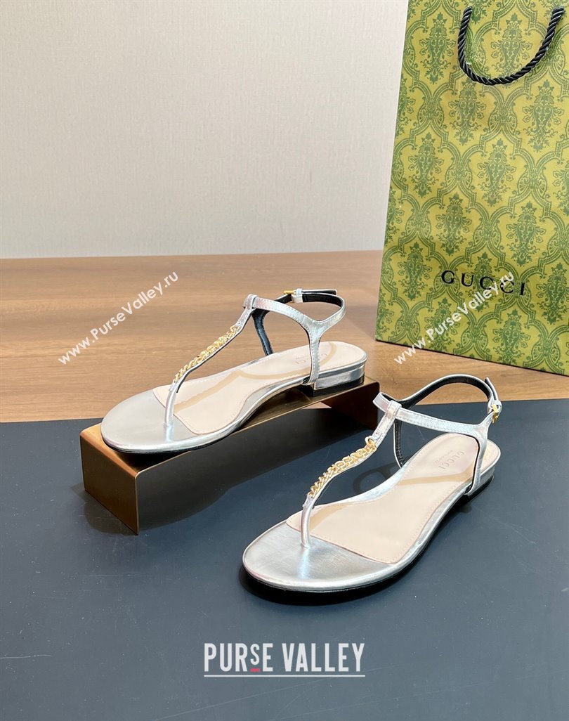 Gucci Signoria Leather Flat Thong Sandals Silver 2024 0427 (MD-240427060)