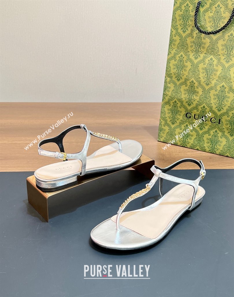 Gucci Signoria Leather Flat Thong Sandals Silver 2024 0427 (MD-240427060)