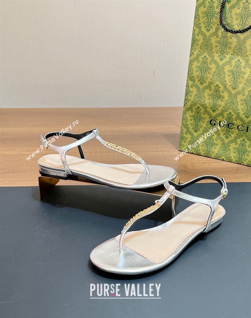 Gucci Signoria Leather Flat Thong Sandals Silver 2024 0427 (MD-240427060)