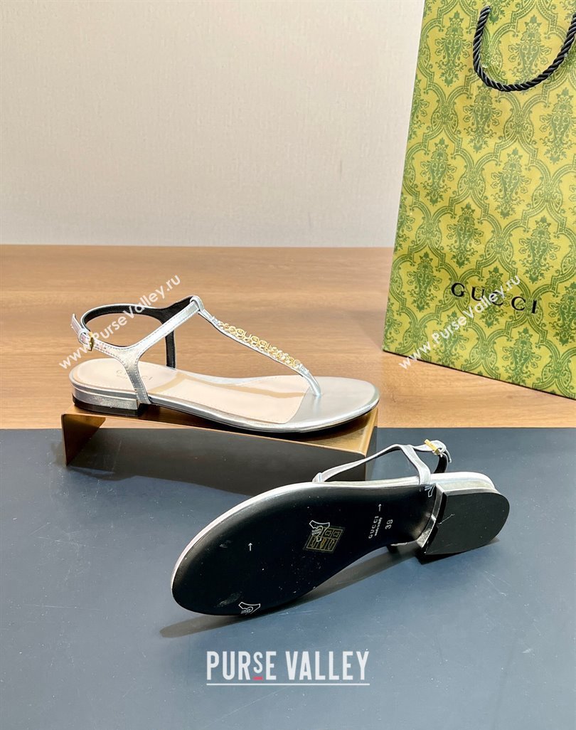 Gucci Signoria Leather Flat Thong Sandals Silver 2024 0427 (MD-240427060)