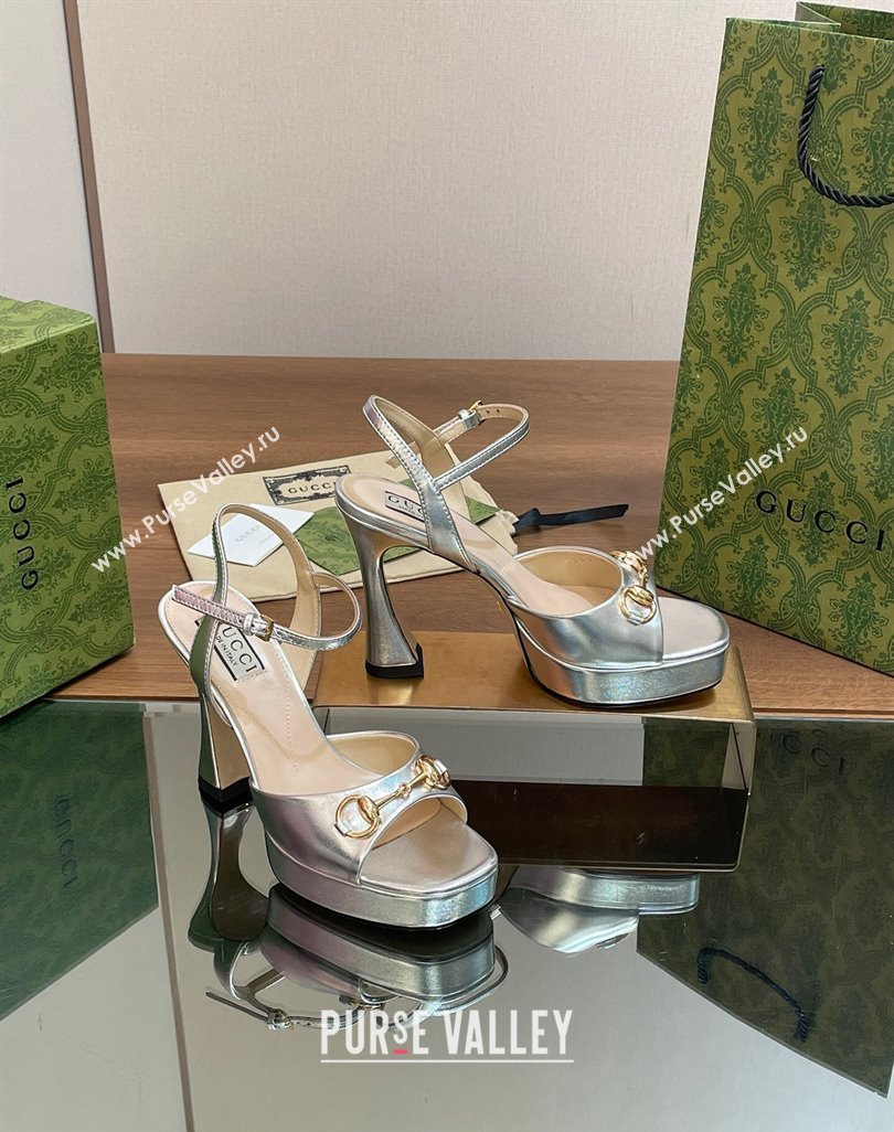 Gucci Horsebit High Heel Platform Sandals 11 in Leather Silver 2024 0427 (MD-240427072)