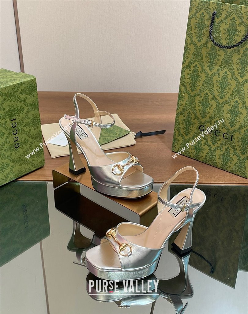 Gucci Horsebit High Heel Platform Sandals 11 in Leather Silver 2024 0427 (MD-240427072)