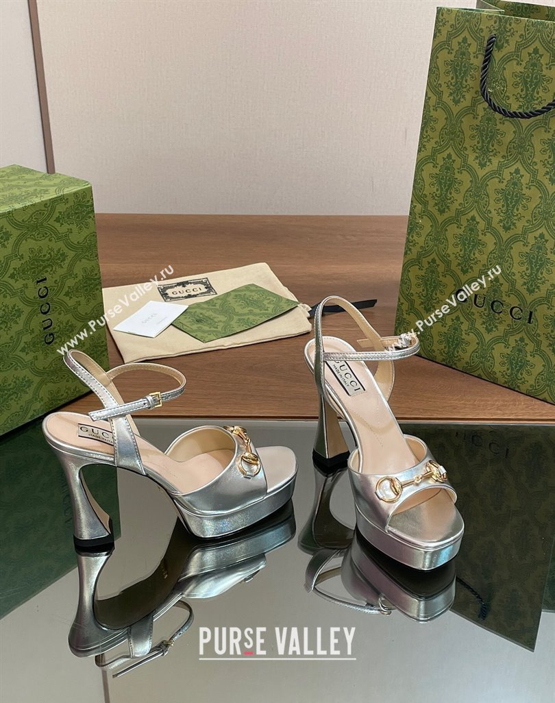 Gucci Horsebit High Heel Platform Sandals 11 in Leather Silver 2024 0427 (MD-240427072)