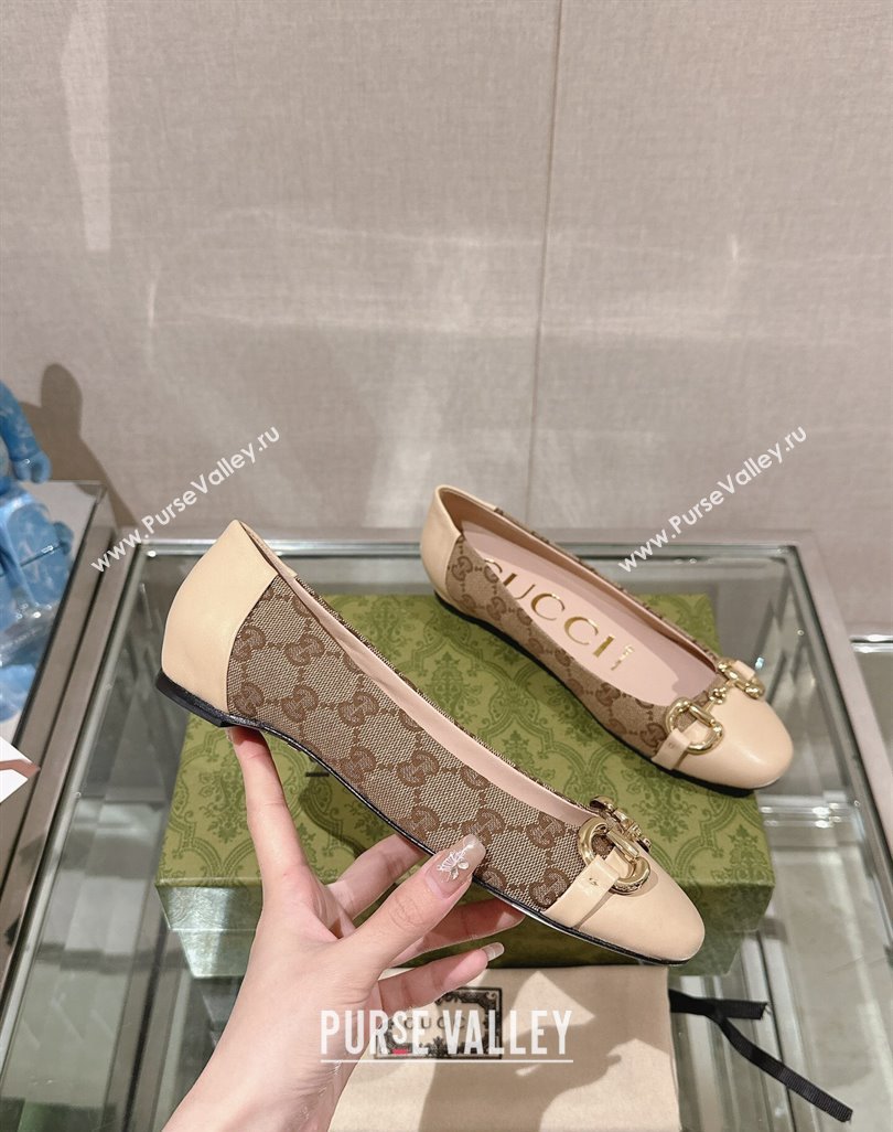 Gucci Horsebit Flat Ballet in GG Canvas and Leather Light Beige 2024 0427 (KL-240427073)