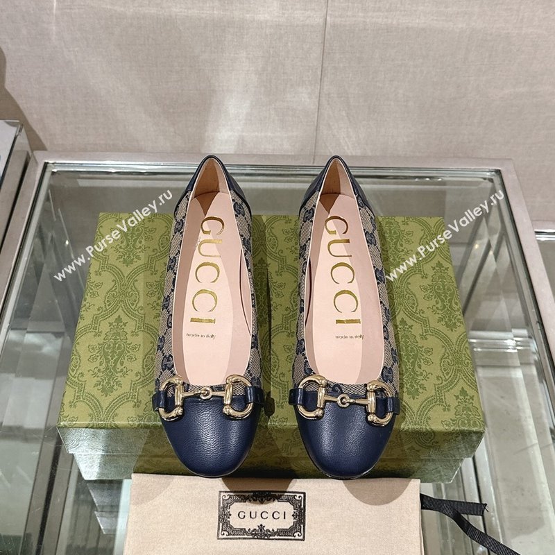 Gucci Horsebit Flat Ballet in GG Canvas and Leather Dark Blue 2024 0427 (KL-240427074)