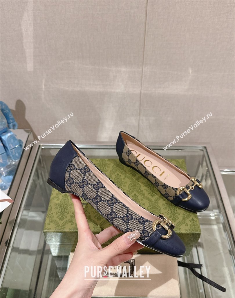 Gucci Horsebit Flat Ballet in GG Canvas and Leather Dark Blue 2024 0427 (KL-240427074)