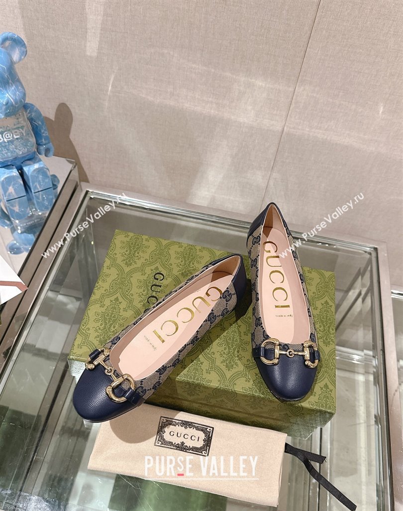 Gucci Horsebit Flat Ballet in GG Canvas and Leather Dark Blue 2024 0427 (KL-240427074)