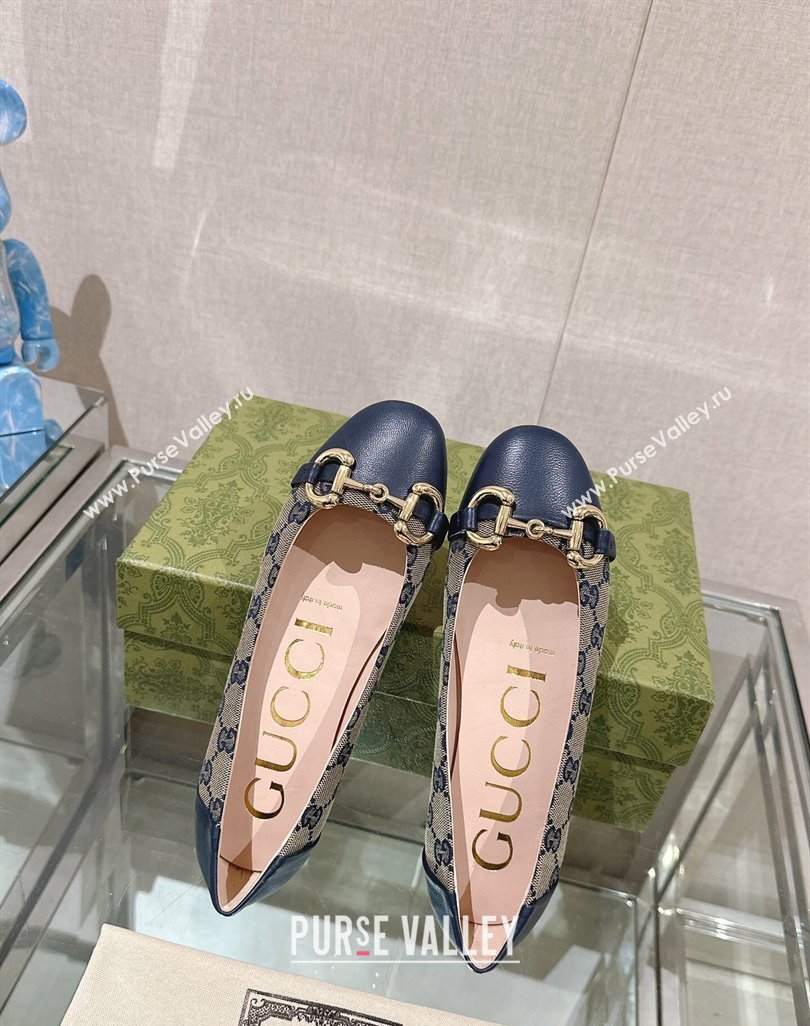 Gucci Horsebit Flat Ballet in GG Canvas and Leather Dark Blue 2024 0427 (KL-240427074)