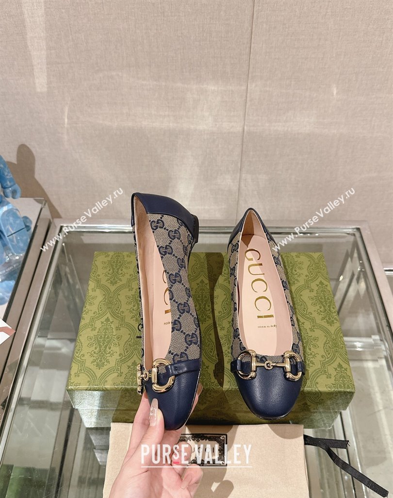 Gucci Horsebit Flat Ballet in GG Canvas and Leather Dark Blue 2024 0427 (KL-240427074)